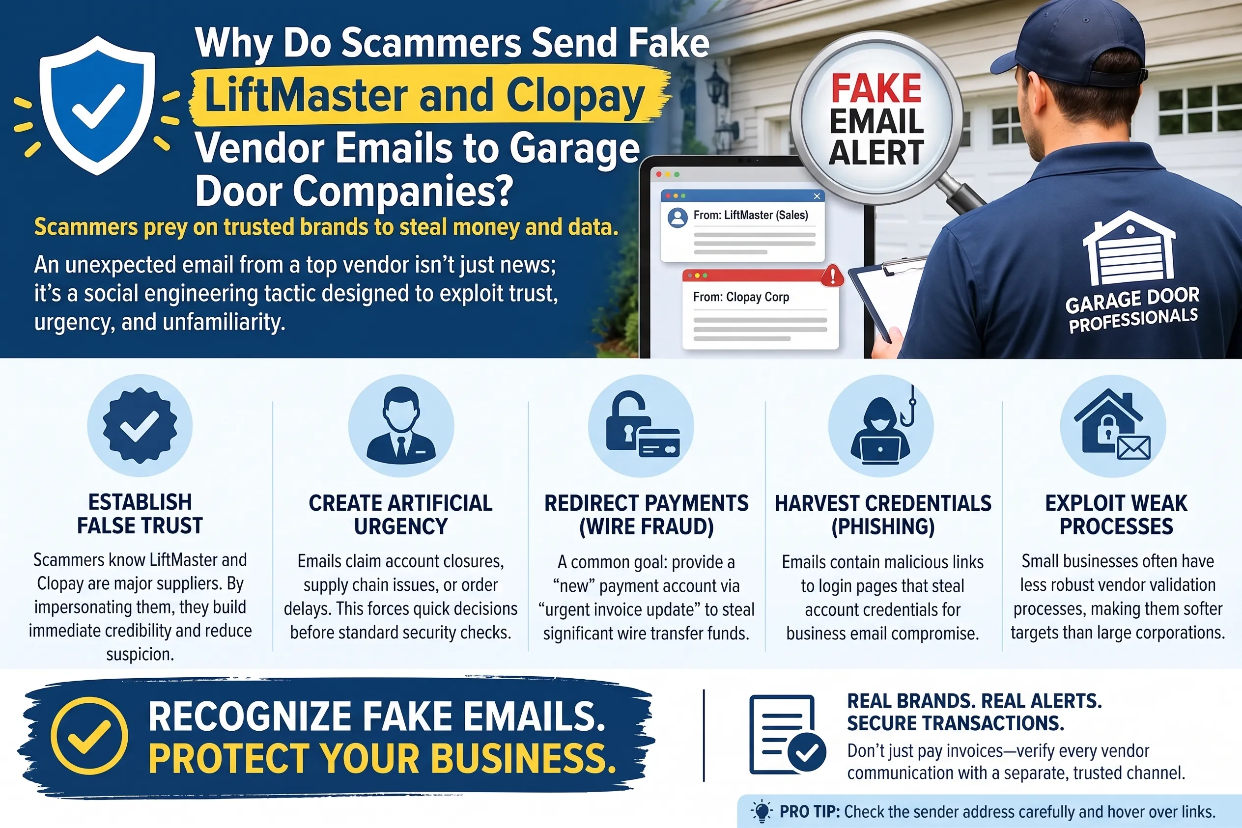 Why Do Scammers Send Fake LiftMaster and Clopay Vendor Emails to Garage Door Companies? 5 Signs of Vendor Phishing